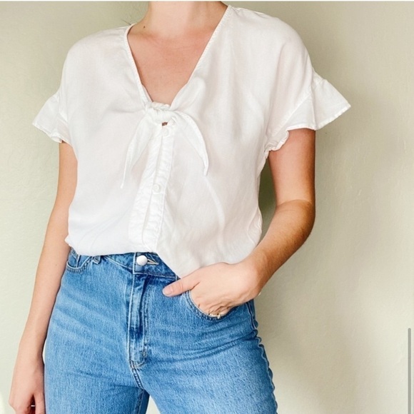 ANTHROPOLOGIE Cloth & Stone White Short Sleeve Button Front Tie Blouse XS - Picture 8 of 8